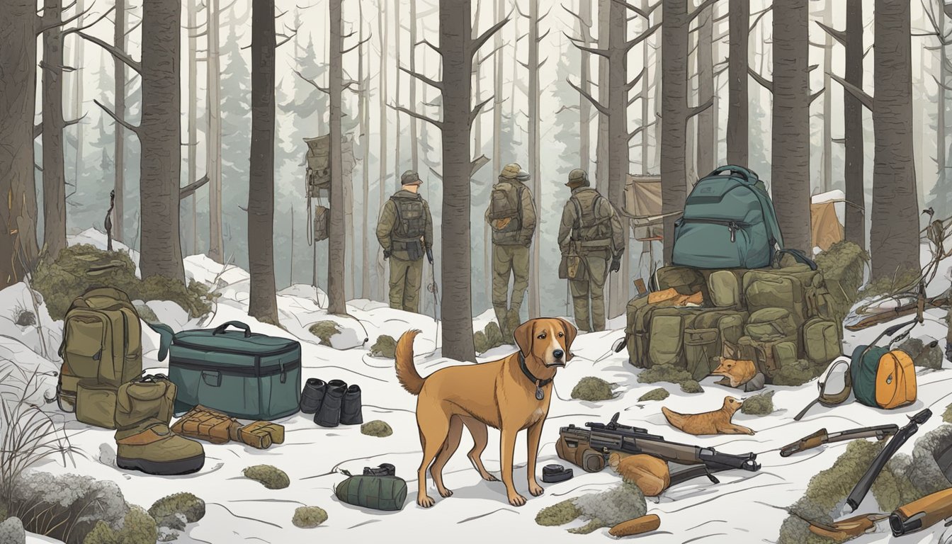 A dog standing in a forest, surrounded by various hunting gear and equipment, with different types of prey depicted in the background