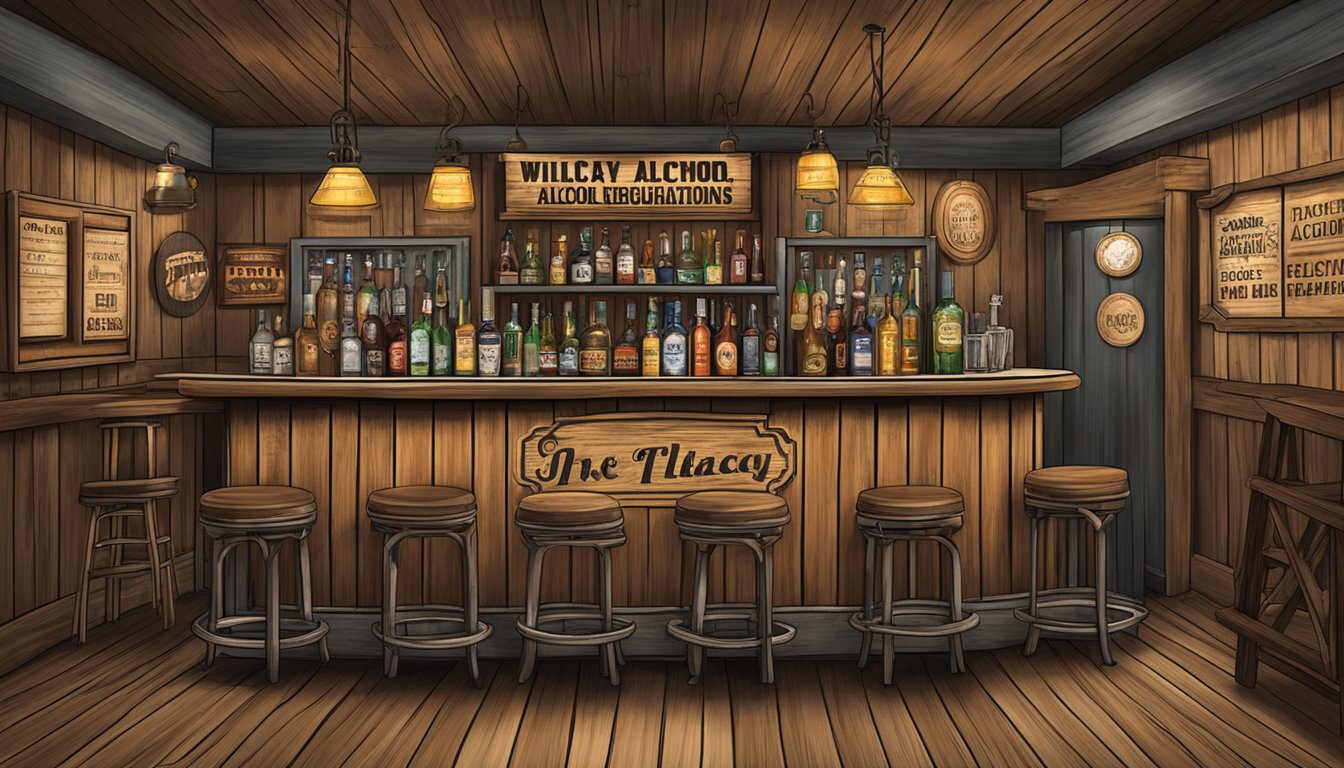 A rustic Texan bar with a "Willacy County Alcohol Regulations" sign displayed prominently