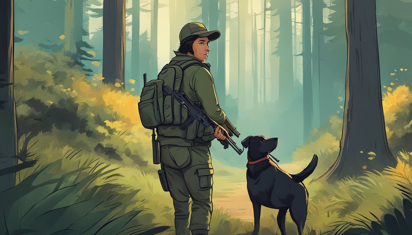 A person and a dog standing in a forest, with the person holding a rifle and the dog looking alert