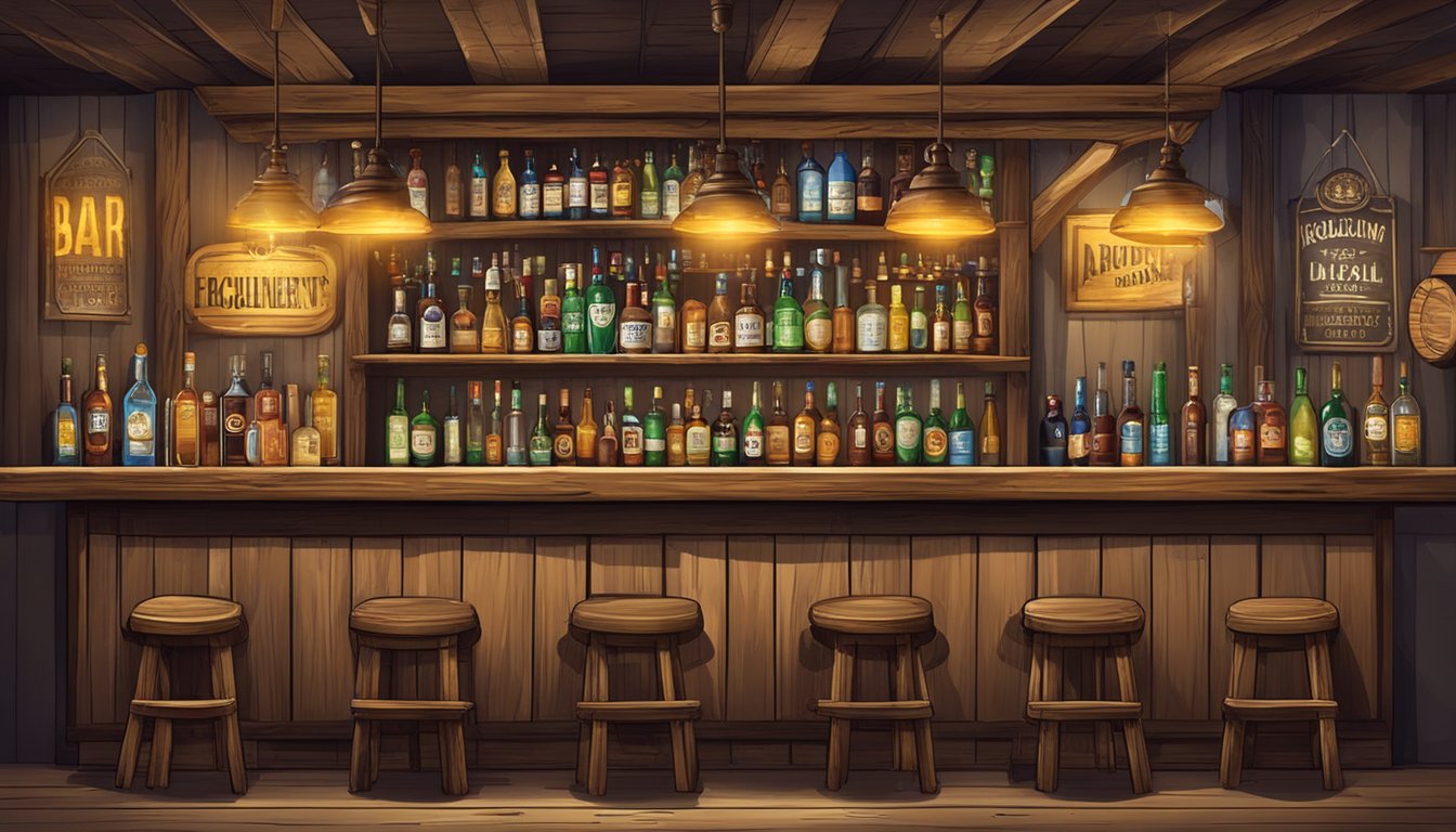 A rustic bar with a prominent "Legal Requirements for Alcohol Consumption" sign displayed prominently