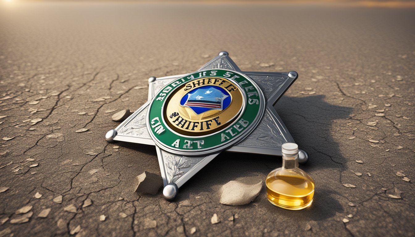 A sheriff's badge and a broken bottle of alcohol on a dusty road in Willacy County, Texas