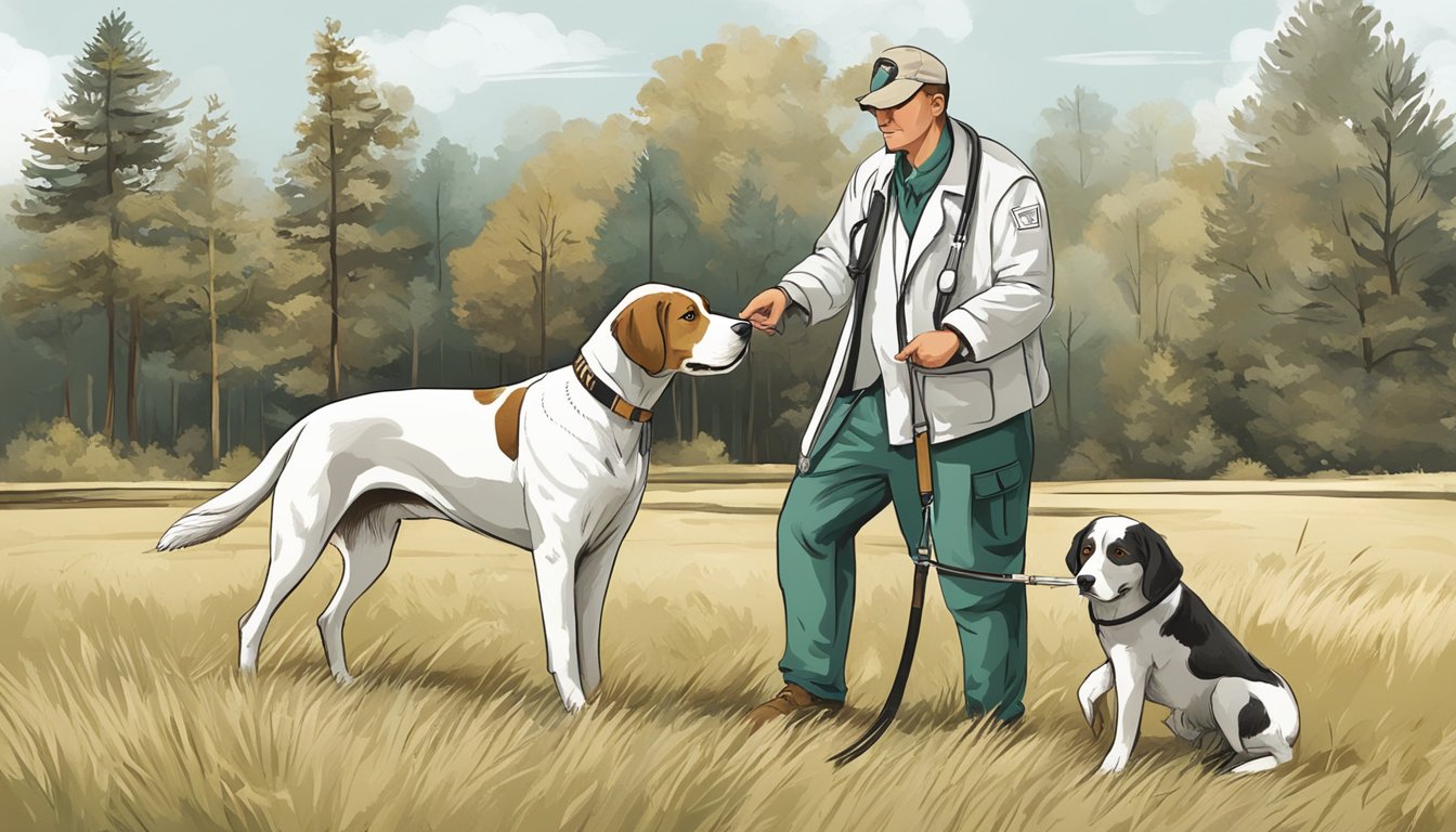 A hunting dog with a veterinarian, discussing neutering