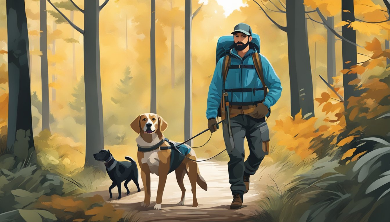 A person and a dog walking through the woods with hunting gear and safety equipment