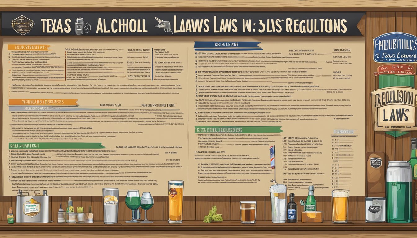 A sign outside a bar with "Texas Alcohol Laws" and a list of regulations