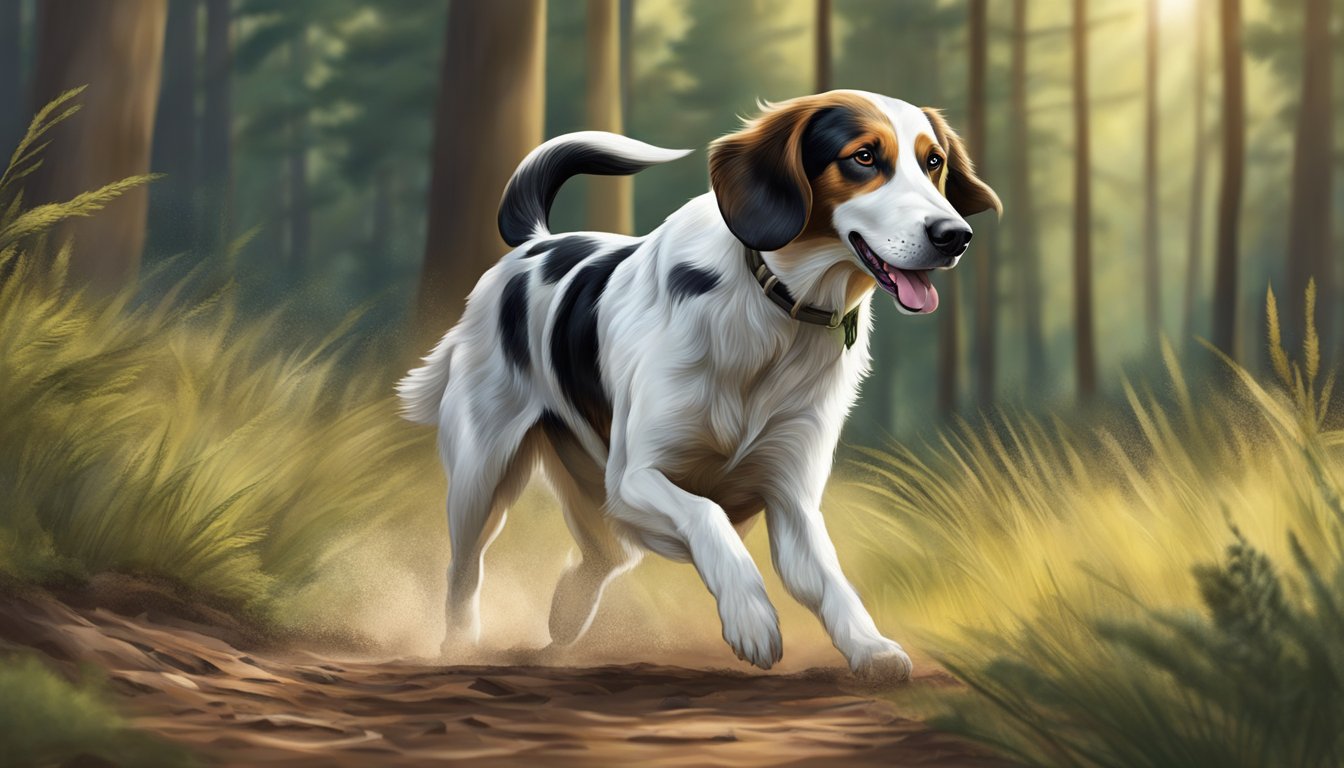 A hunting dog eagerly sniffs the ground, tail wagging, as it tracks a scent through a dense forest