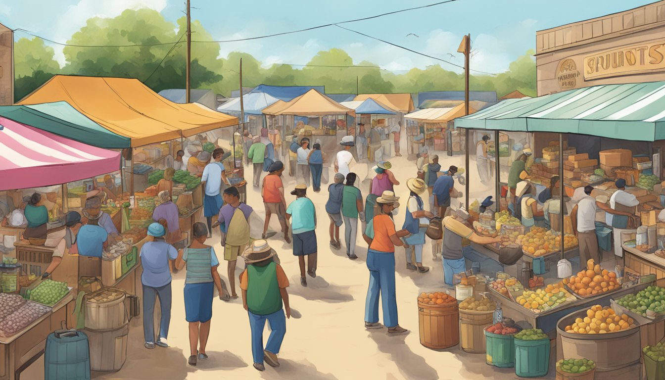 A bustling outdoor market with vendors selling various alcoholic beverages in Willacy County, Texas