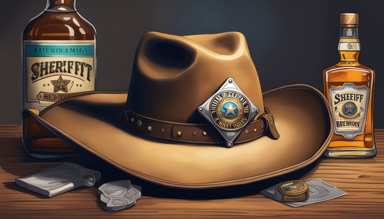 A sheriff's badge pinned to a cowboy hat, next to a bottle of whiskey and a "No Alcohol Beyond This Point" sign