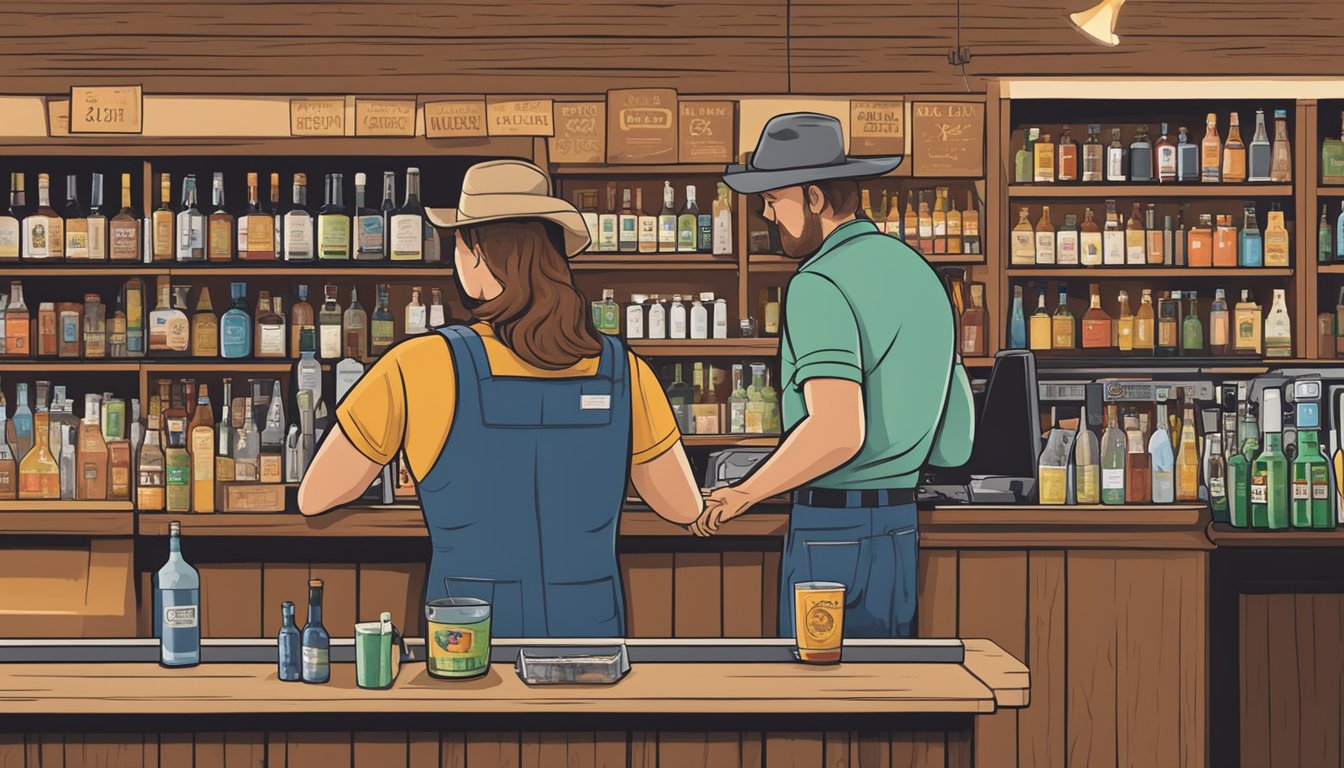 A cashier scanning alcohol at a rural Texas store, with signs displaying county drinking laws