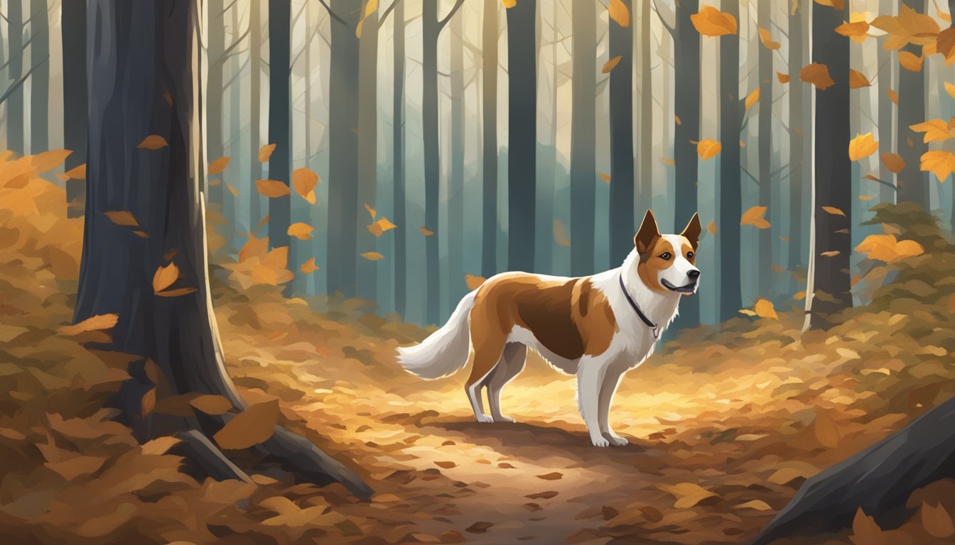 A dog standing alert in a forest clearing, surrounded by fallen leaves and tall trees