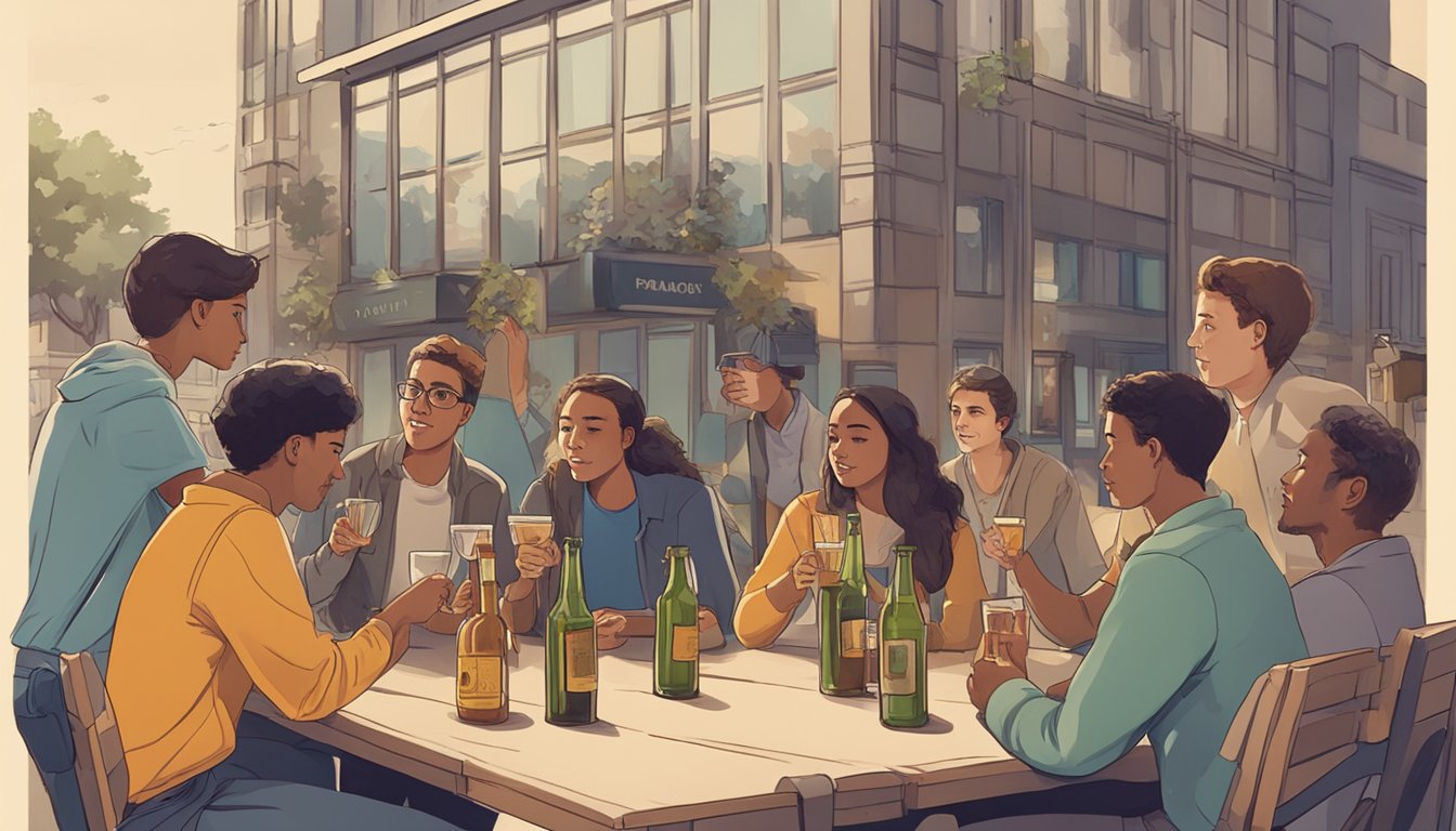 A group of young people drinking alcohol outdoors, while a sign with "Consumption Regulations" is posted nearby