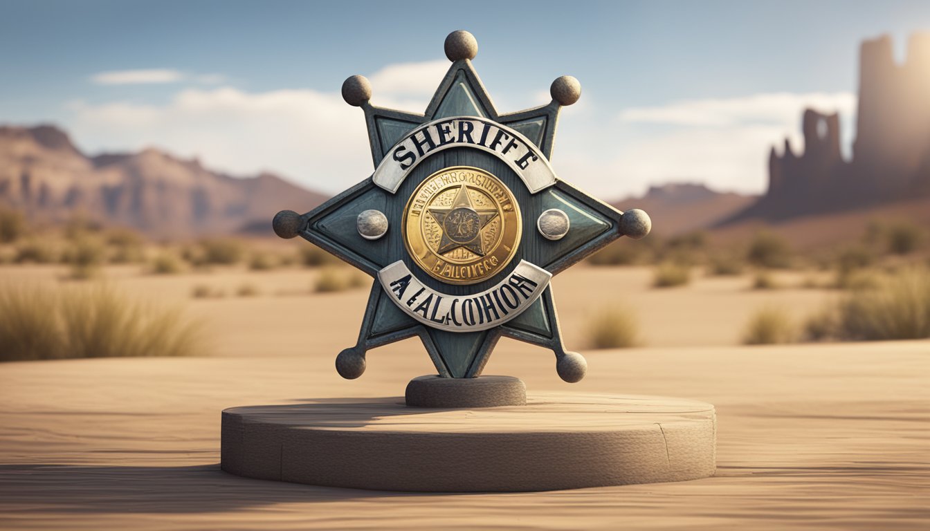 A sheriff's badge on a rustic wooden signpost with a "No Alcohol" symbol in a dry, dusty landscape