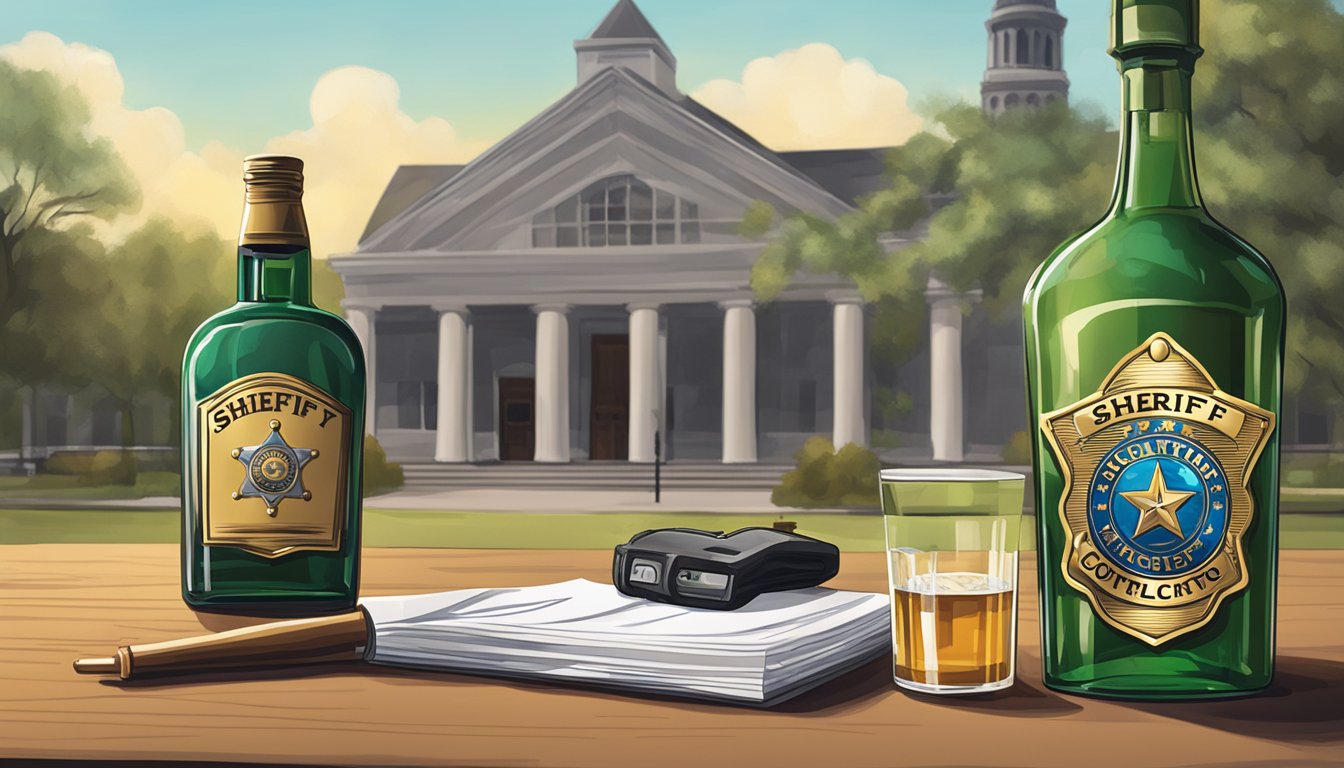 A sheriff's badge and a bottle of alcohol on a table in front of a county courthouse