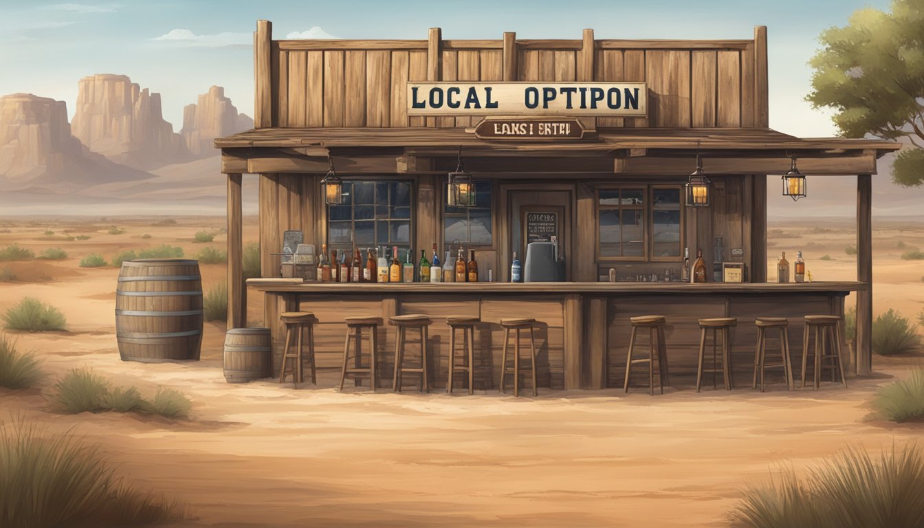 A rustic Texas bar with a "Local Option" sign displayed prominently, surrounded by dry and dusty landscapes