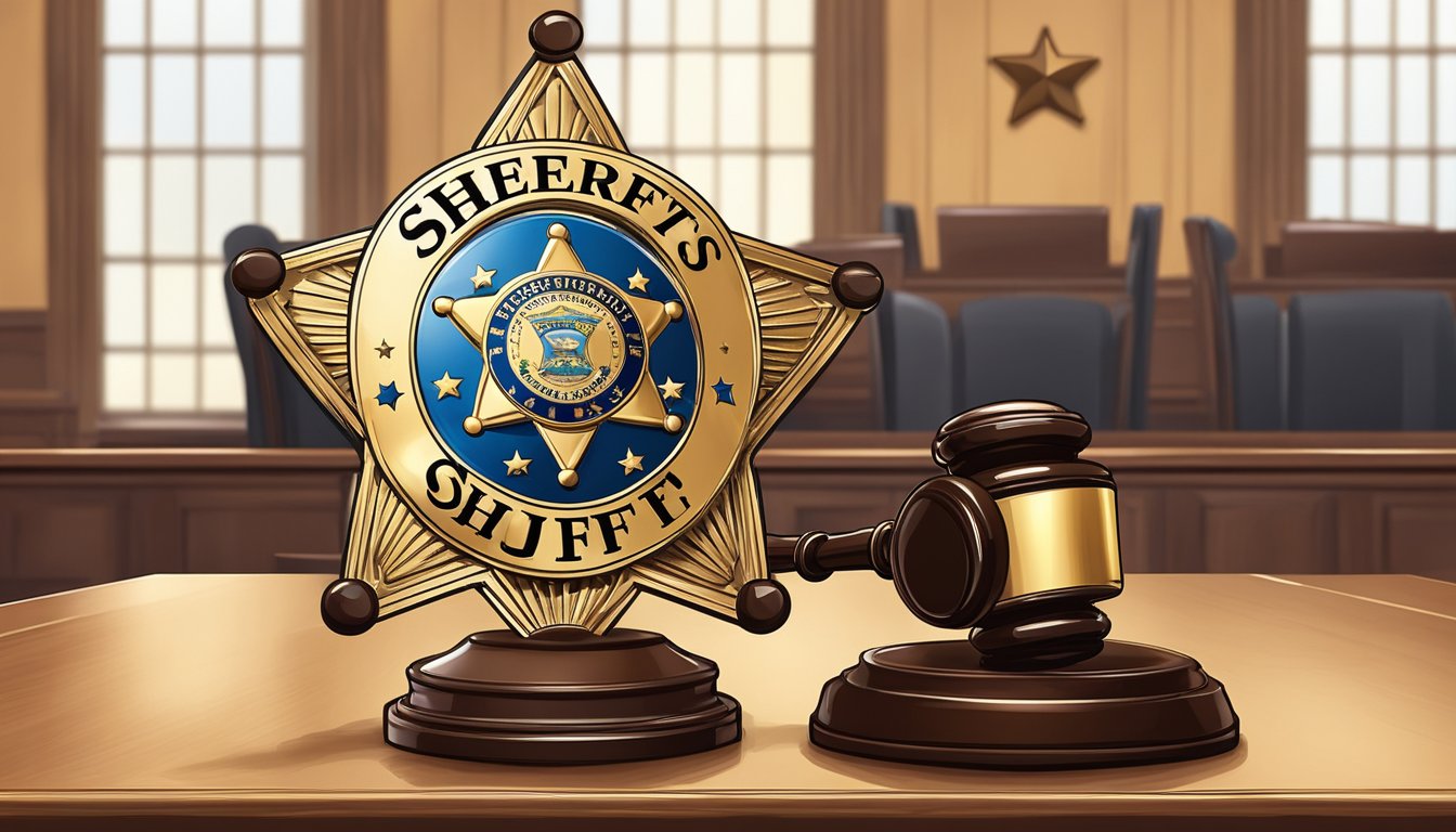 A sheriff's badge and a gavel on a courtroom table