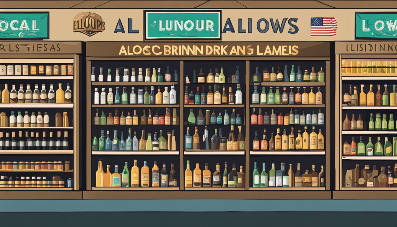 A liquor store in Wichita County, Texas displaying various alcohol products on shelves, with a sign indicating the local alcohol and drinking laws