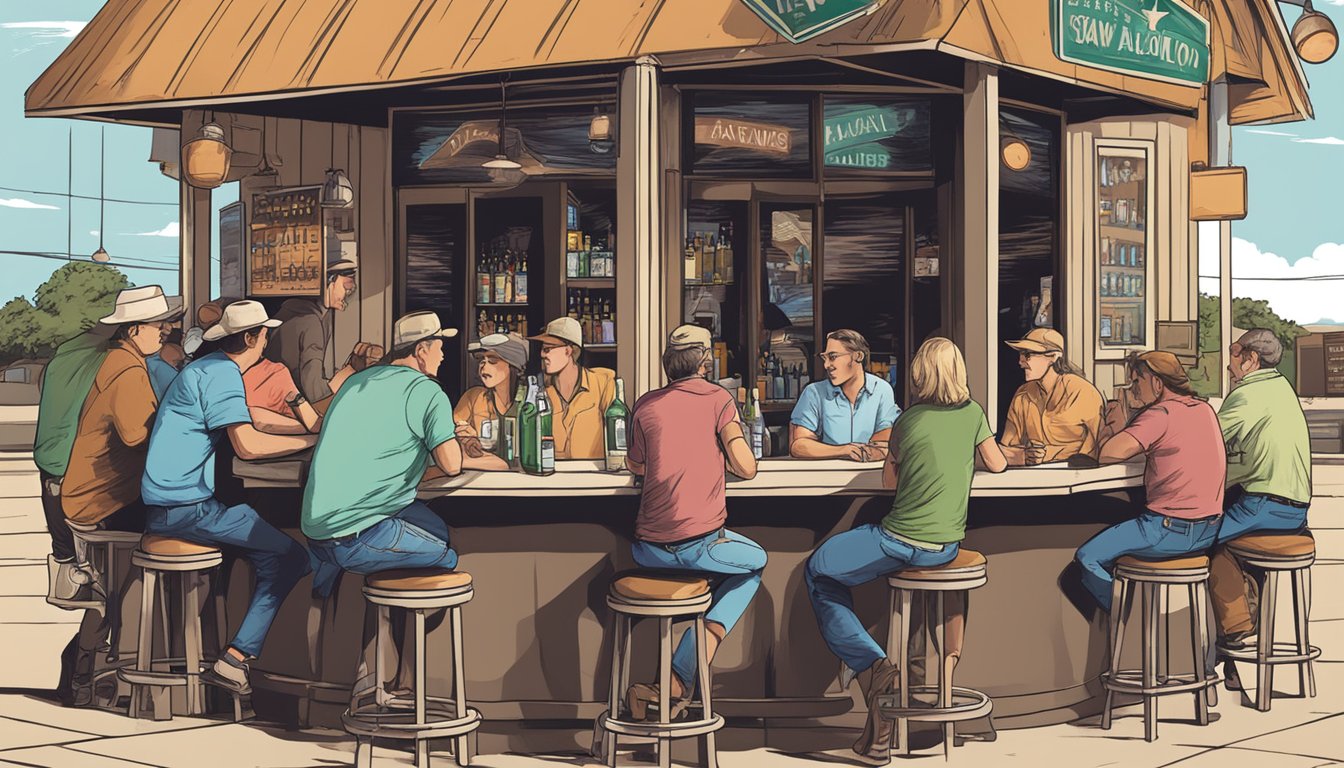 A group of people sitting outside a bar, with a sign displaying local alcohol laws in Wichita County, Texas