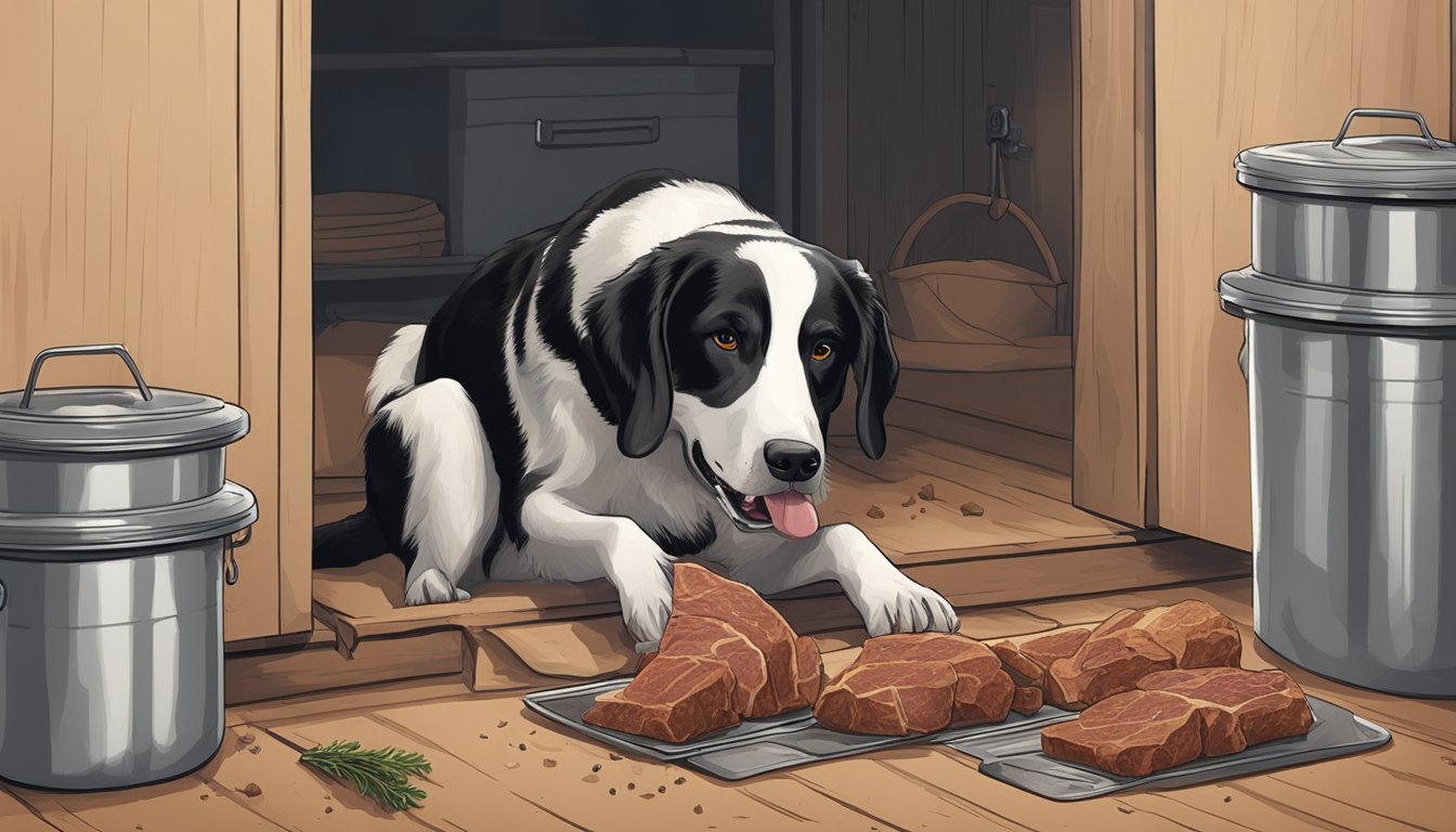 A hunting dog eagerly devours a raw meat meal, while another piece is being stored in a freezer for later consumption