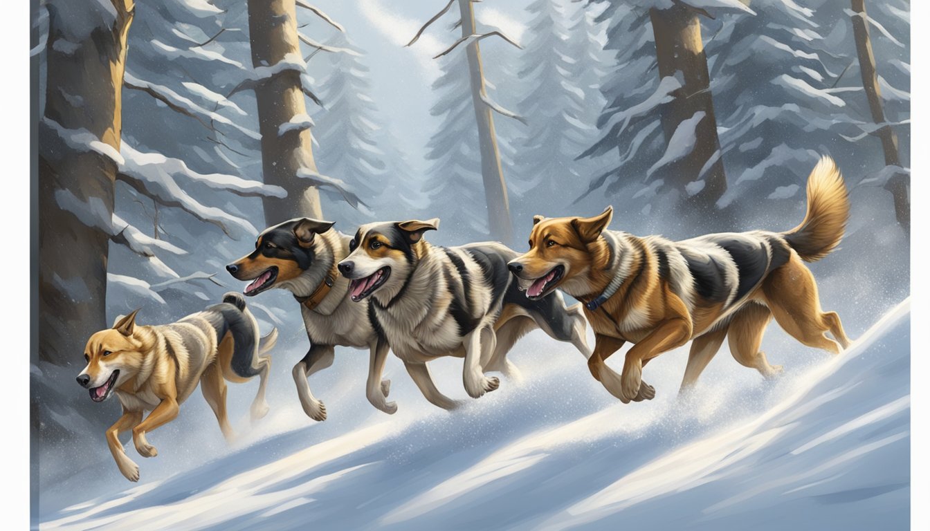 A pack of hunting dogs sprint through a snowy forest, noses to the ground, tracking the scent of wolves