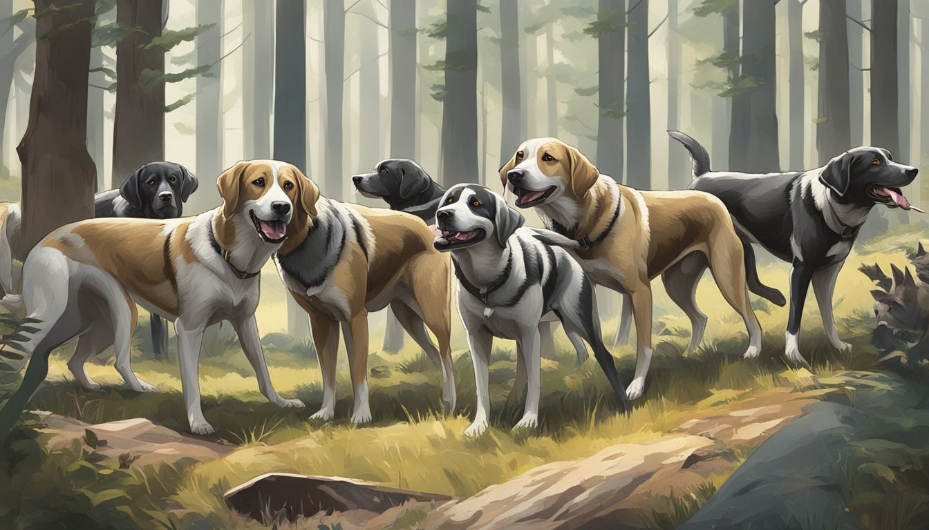 A pack of hunting dogs eagerly devouring raw meat in a forest clearing. Each breed exhibits unique physical and behavioral traits