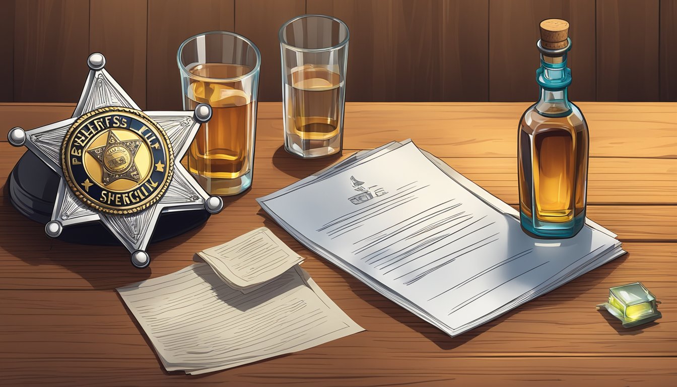 A sheriff's badge on a wooden desk, next to a stack of legal documents and a bottle of alcohol