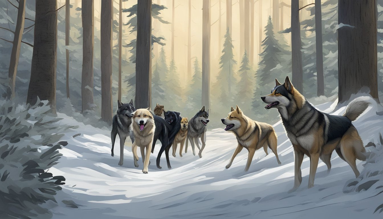 A pack of dogs cornering a lone wolf in a forest clearing