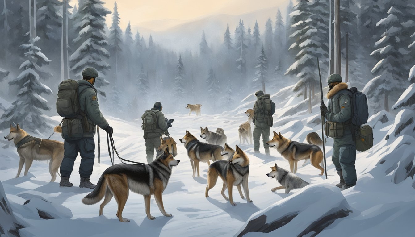 A team of dogs wearing protective gear surrounds a pack of wolves in a snowy forest clearing. Handlers stand at a distance, monitoring the hunt