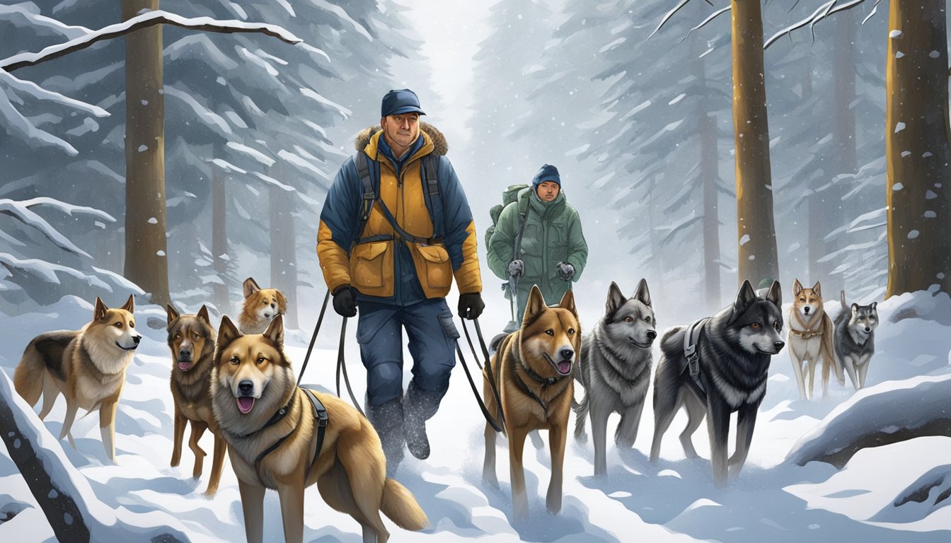 A group of dogs and their handlers tracking wolves through a snowy forest