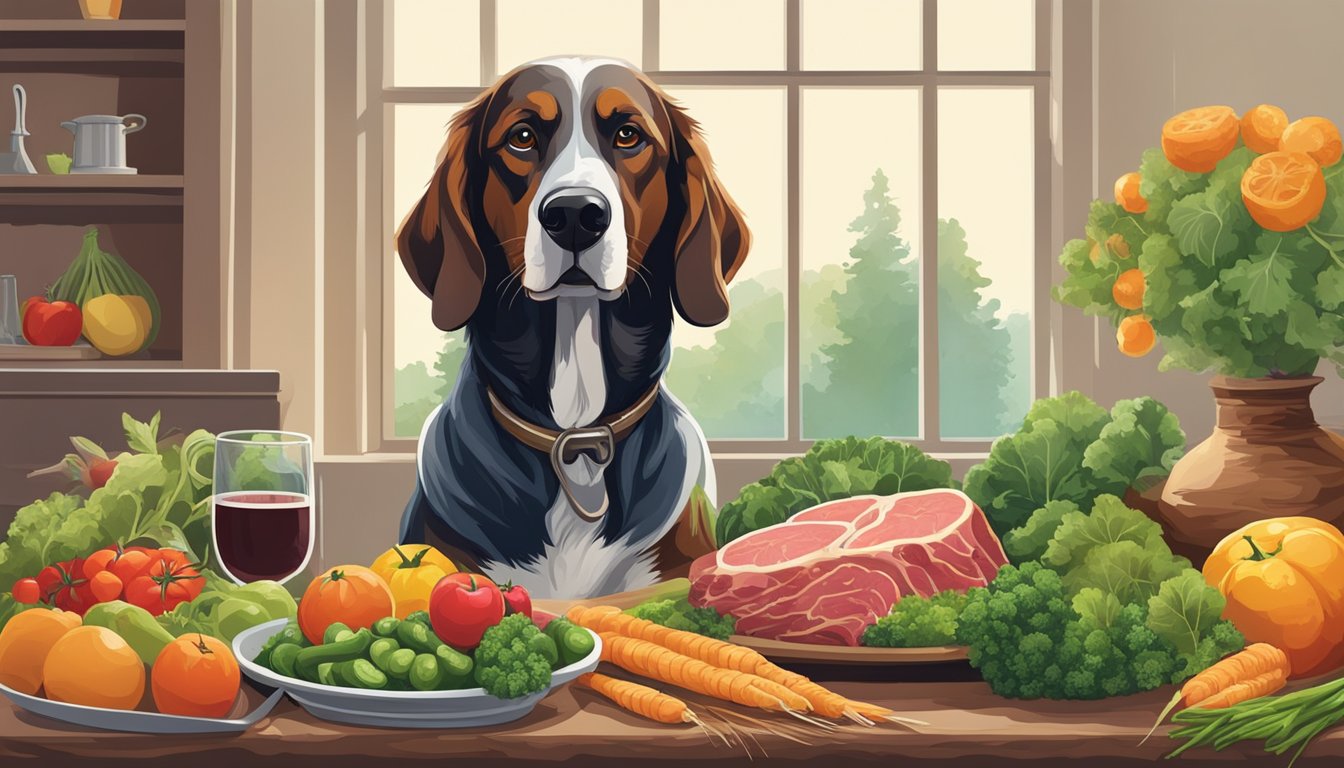 A hunting dog eagerly devours a raw meat meal, surrounded by fresh vegetables and fruits, as its owner looks on with pride