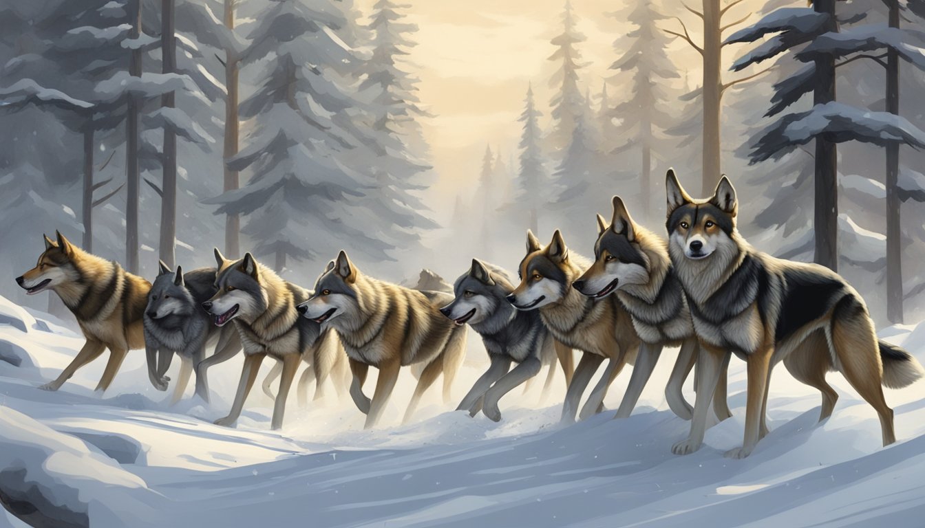 A pack of hunting dogs cornering a group of wolves in a snowy forest clearing