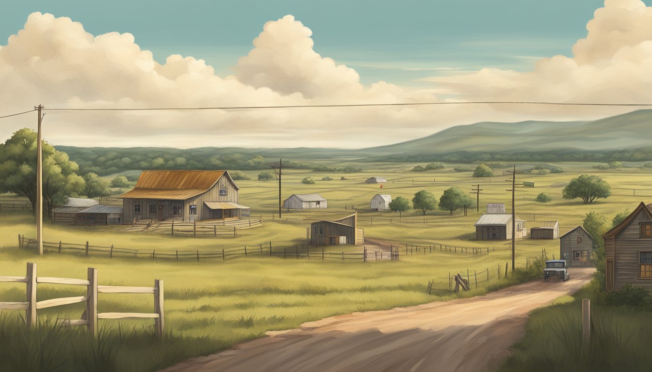 A rural Texas landscape with a small town in the distance, featuring a prominent sign displaying "Yoakum County Regulations."