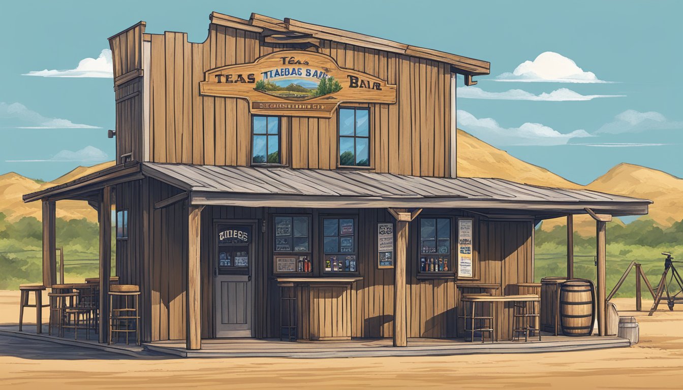 A rustic Texas bar with TABC signage, surrounded by rolling hills and a clear blue sky