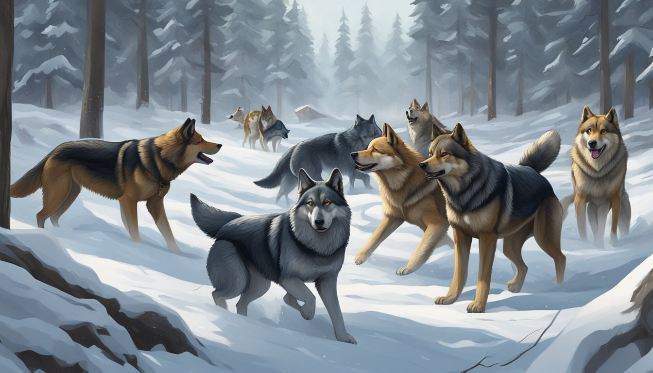 A pack of dogs surrounds and confronts a group of fierce wolves in a snowy forest clearing. The tension and intensity of the encounter is palpable