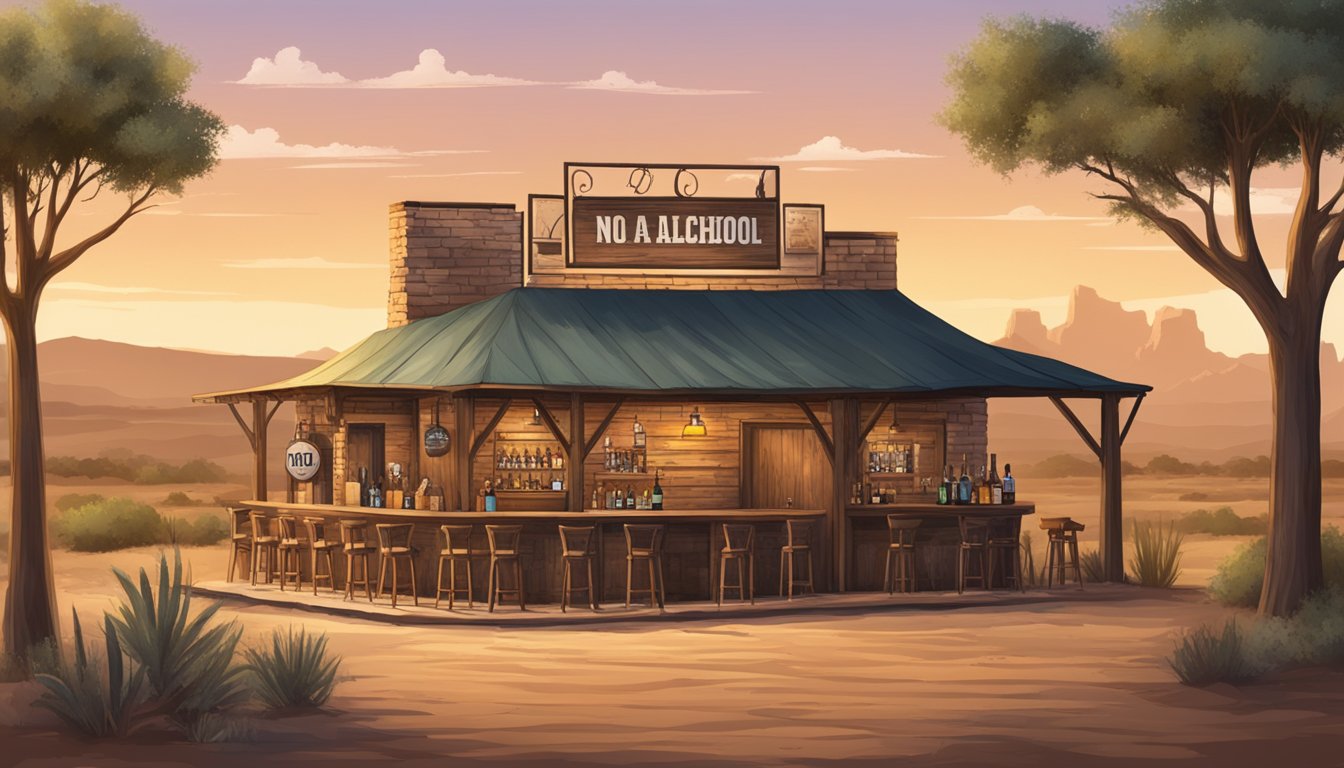 A rustic bar with a "No Alcohol" sign, surrounded by dry Texas landscape