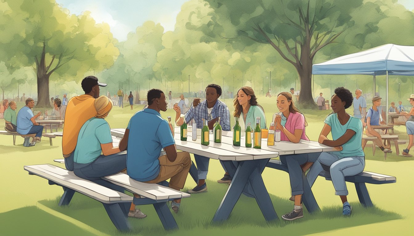 A group of people sitting at a picnic table in a park, with open containers of alcohol and signs indicating the county's alcohol laws