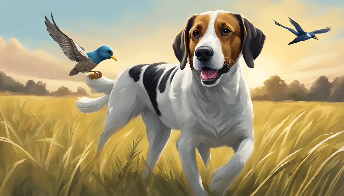 A hunting dog with a toy in its mouth, tail wagging, standing in a field with a bird in the distance