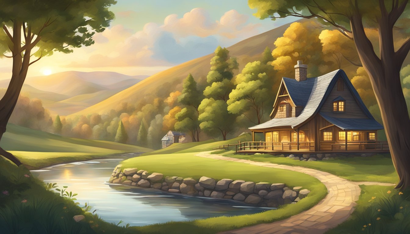 A serene countryside landscape with rolling hills, a winding river, and a cozy tavern nestled among the trees