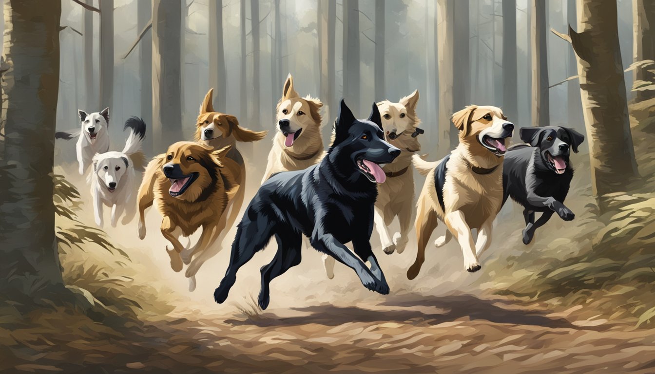 A pack of hunting dogs of various breeds running through a forest, noses to the ground, tails wagging