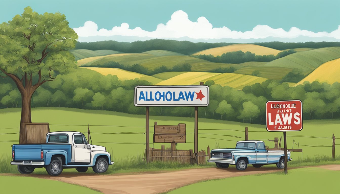 A rural landscape with a sign displaying alcohol laws, surrounded by neighboring areas in Washington County, Texas