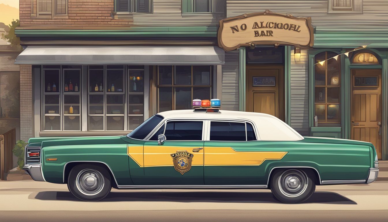 A sheriff's car parked outside a bar with a "No Alcohol" sign