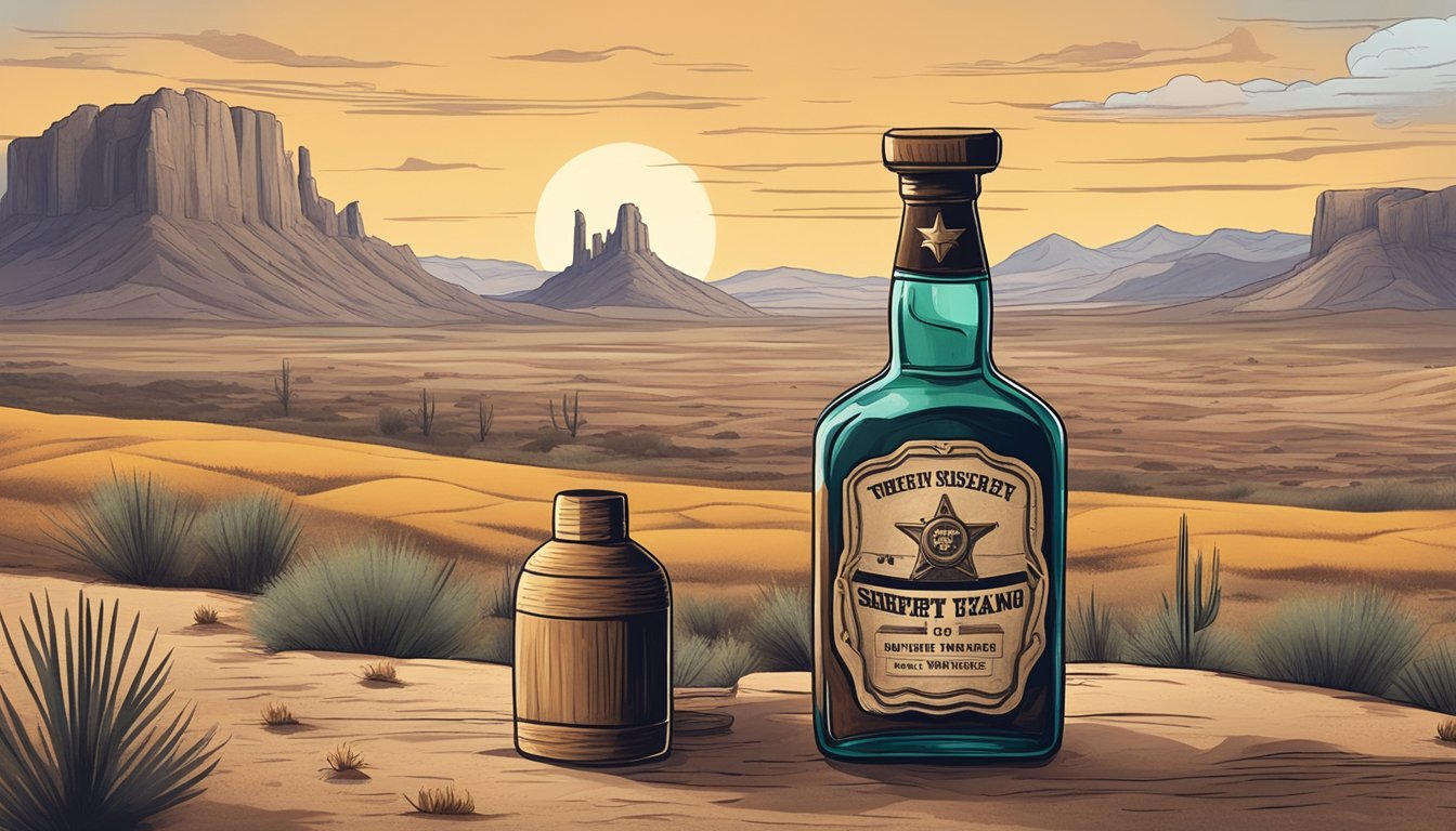 A dusty Texan landscape with a sheriff's badge and a bottle of whiskey