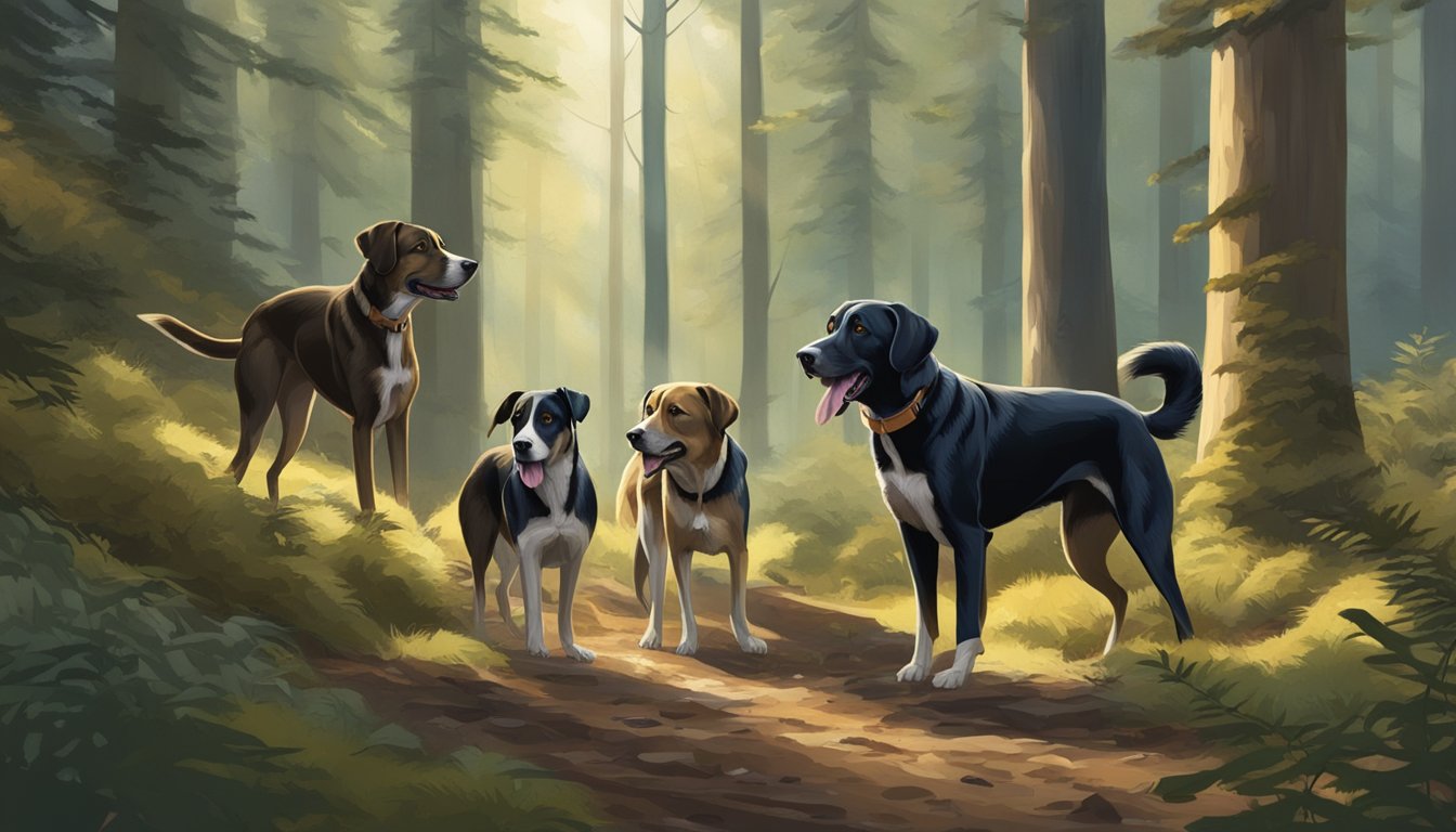 Three hunting dogs working together in a dense forest, one sniffing the ground, another standing alert, and a third barking at a hidden prey