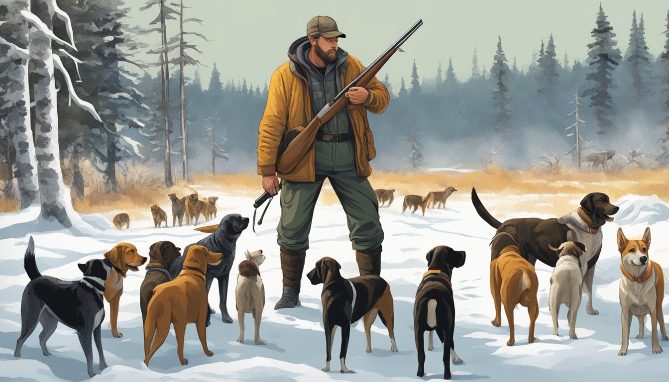 A hunter stands among seven hunting dogs, evaluating their size, strength, and demeanor before making a selection