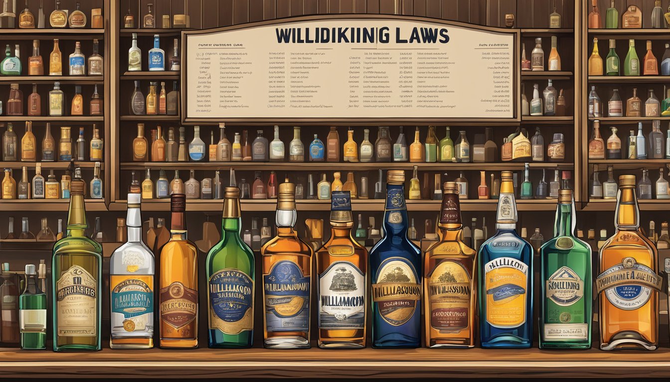 A collection of various alcoholic beverages arranged on a bar counter, with a sign displaying "Williamson County Texas Alcohol and Drinking Laws" in the background