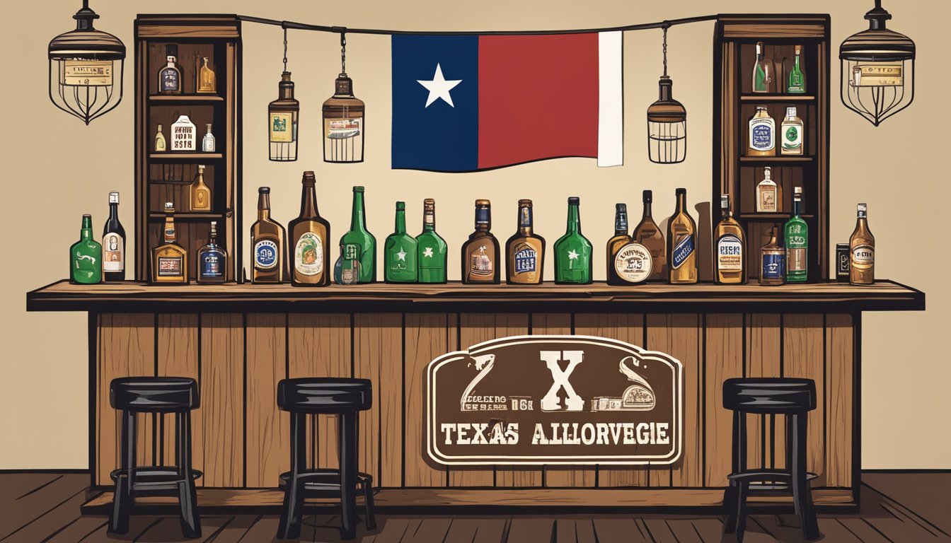 A rustic bar with Texas flag decor, shelves stocked with various alcohol bottles, and a sign displaying the Texas Alcoholic Beverage Code