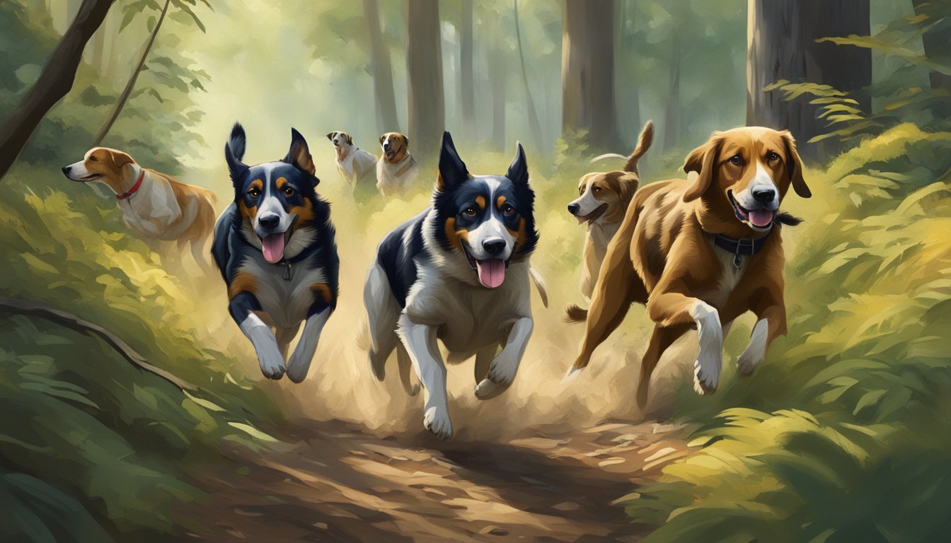 Several hunting dogs running through a lush forest, noses to the ground, tails wagging