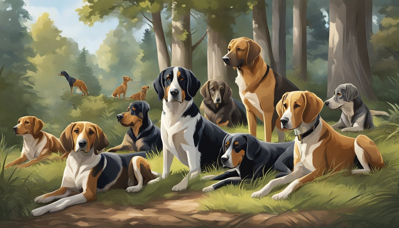 Several hunting dogs resting in a shaded area, surrounded by trees and wildlife