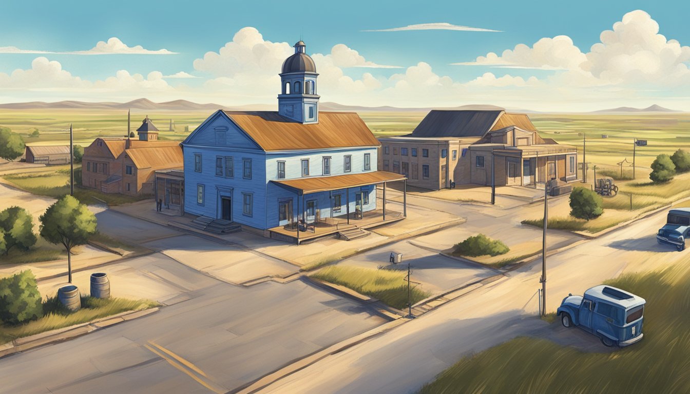 A rural Texan town with a courthouse and a small bar surrounded by vast open fields under a clear blue sky