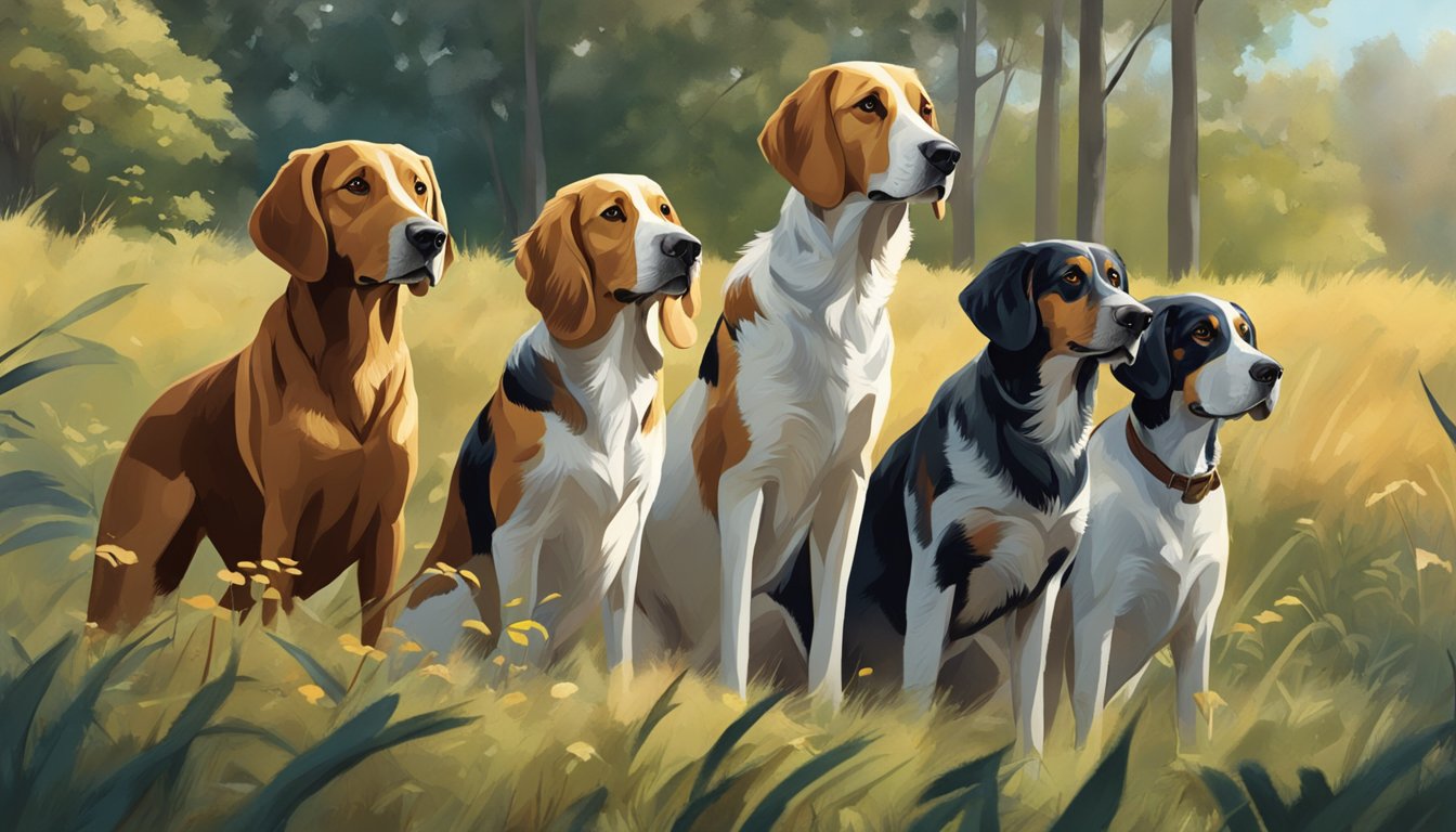 Several hunting dogs stand alert in a field, noses to the ground, tails wagging. They are surrounded by trees and bushes, with a sense of anticipation in the air