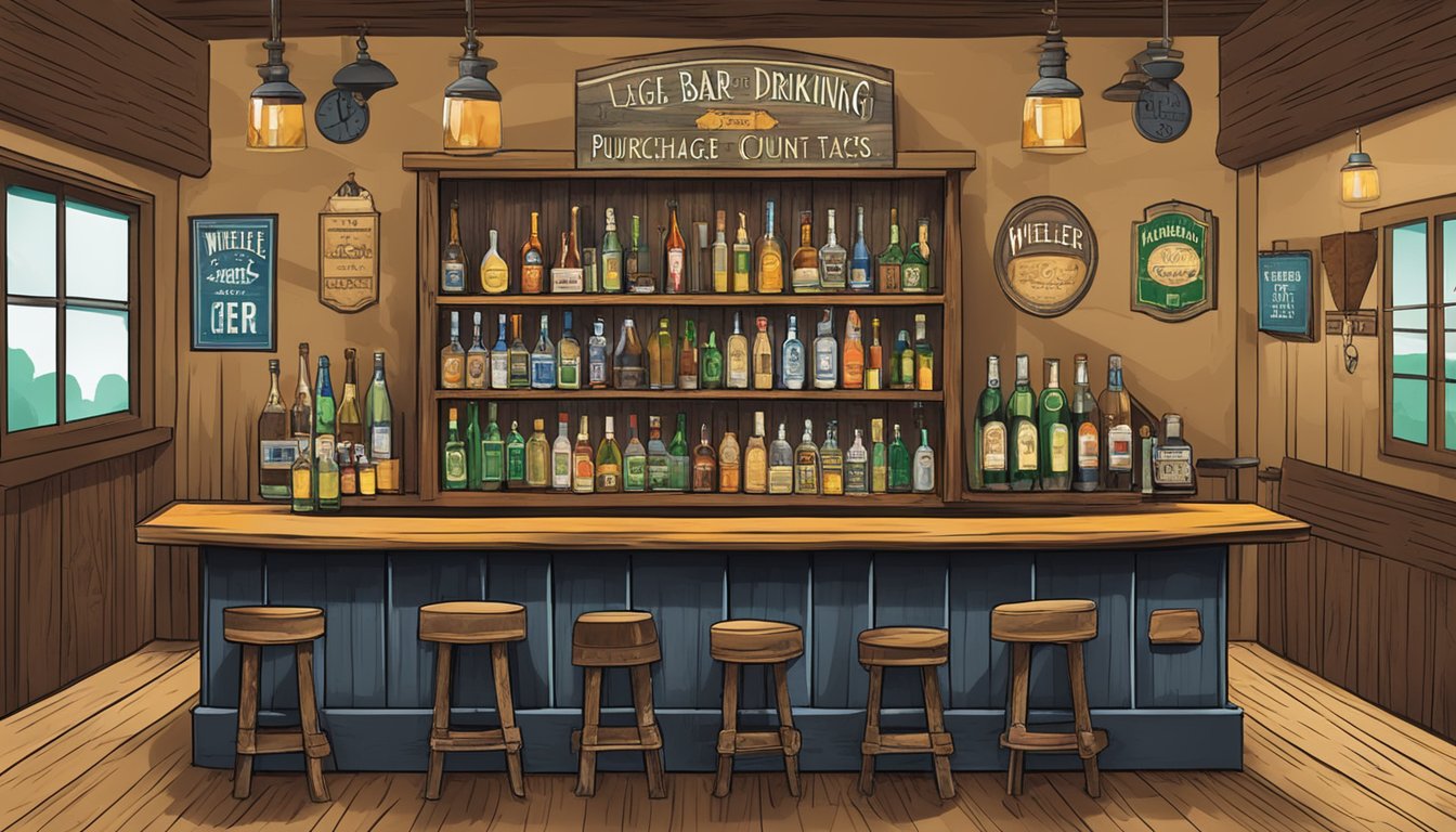 A rustic bar with a sign displaying the legal drinking and purchase ages for Wheeler County, Texas. Bottles of alcohol are visible behind the counter