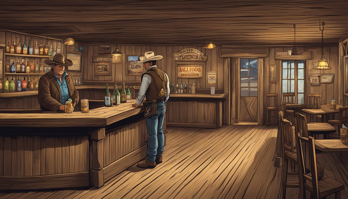 A rustic, western-style bar with a "No Alcohol Sales to Minors" sign prominently displayed. A stern-looking sheriff stands nearby, keeping watch